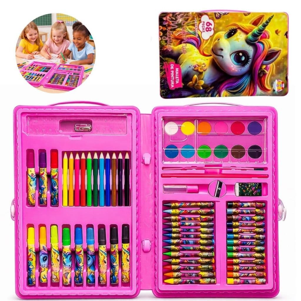 Estojo Maleta Escolar Infantil 68 Peças + Desenho P/ Pintura
