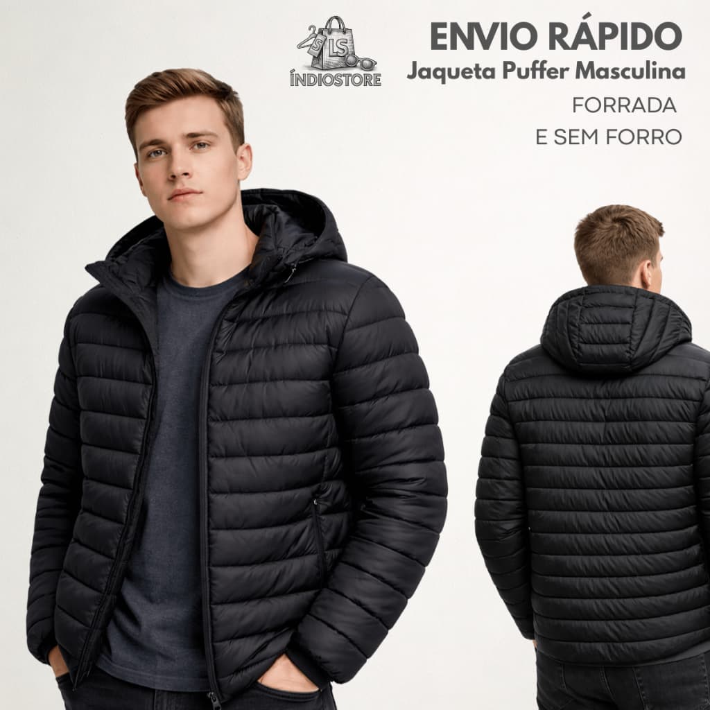 Jaqueta Puffer Homem Impermeável Capuz Removível Interior Peluciado Quentinho Estiloso