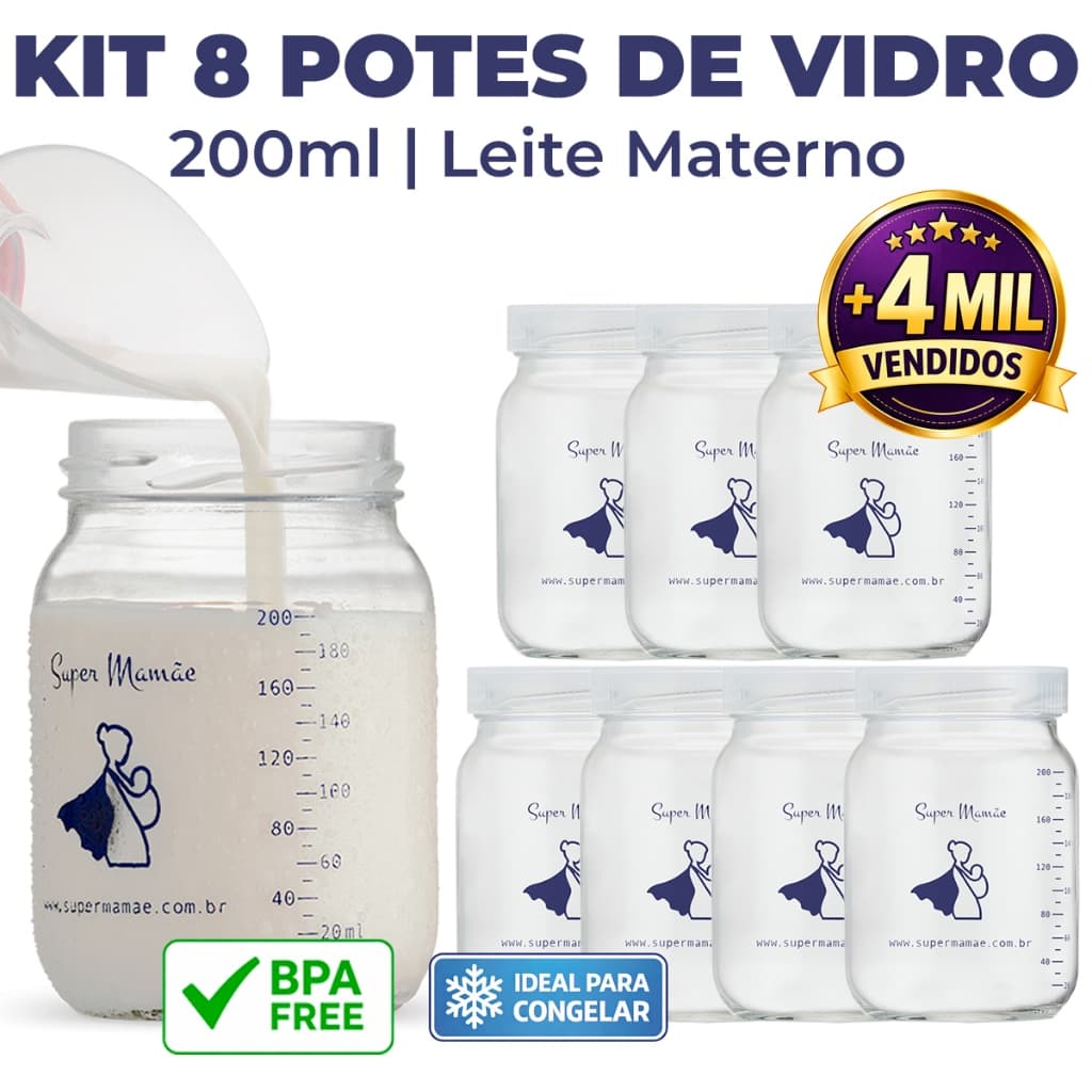 Kit 8 Potes de Vidro 200ml para Leite Materno – BPA Free e Graduação
