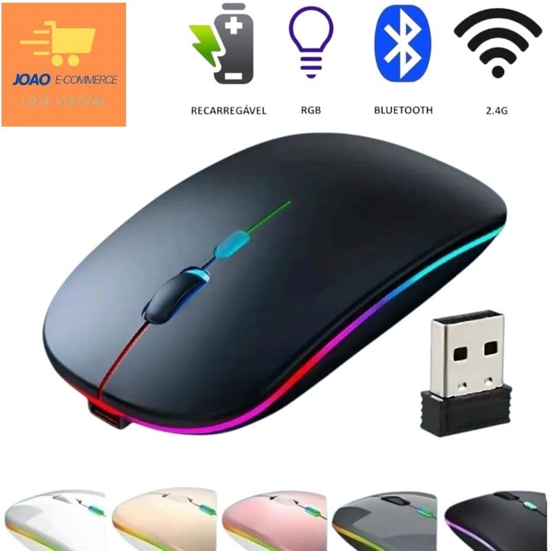 Mouse Wireless Sem fio Recarregável RGB Bluetooth