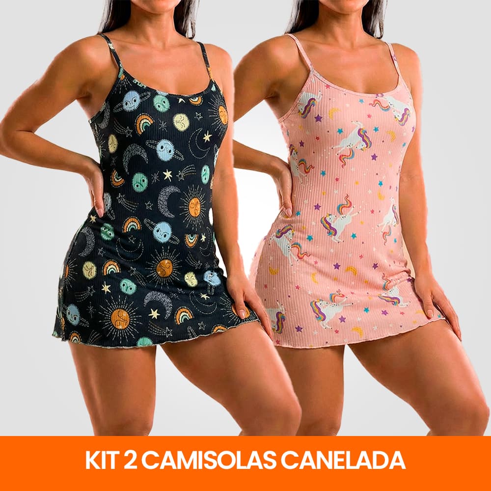 KIT 2 Camisolas Pijama Feminino Estampada Tecido em Suede Canelado - P, M, G, GG