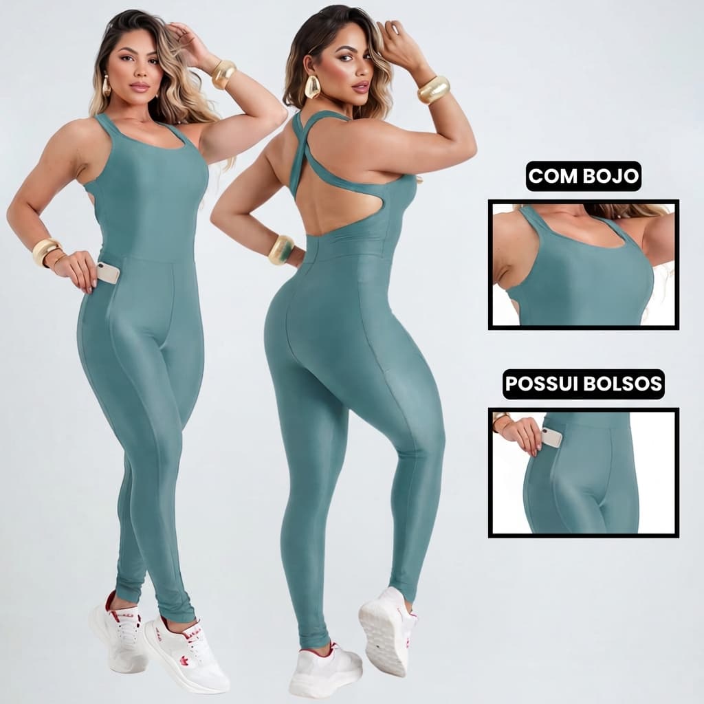 Macacão Academia Fitness Feminino com Bolsos e Bojo Removível em Poliamida Zero Transparência