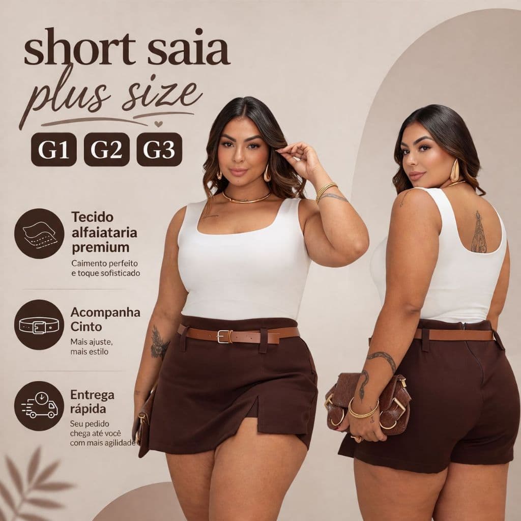 SHORT SAIA  PLUS SIZE ALFAIATARIA PREMIUM COM CINTO-G1 G2 e G3