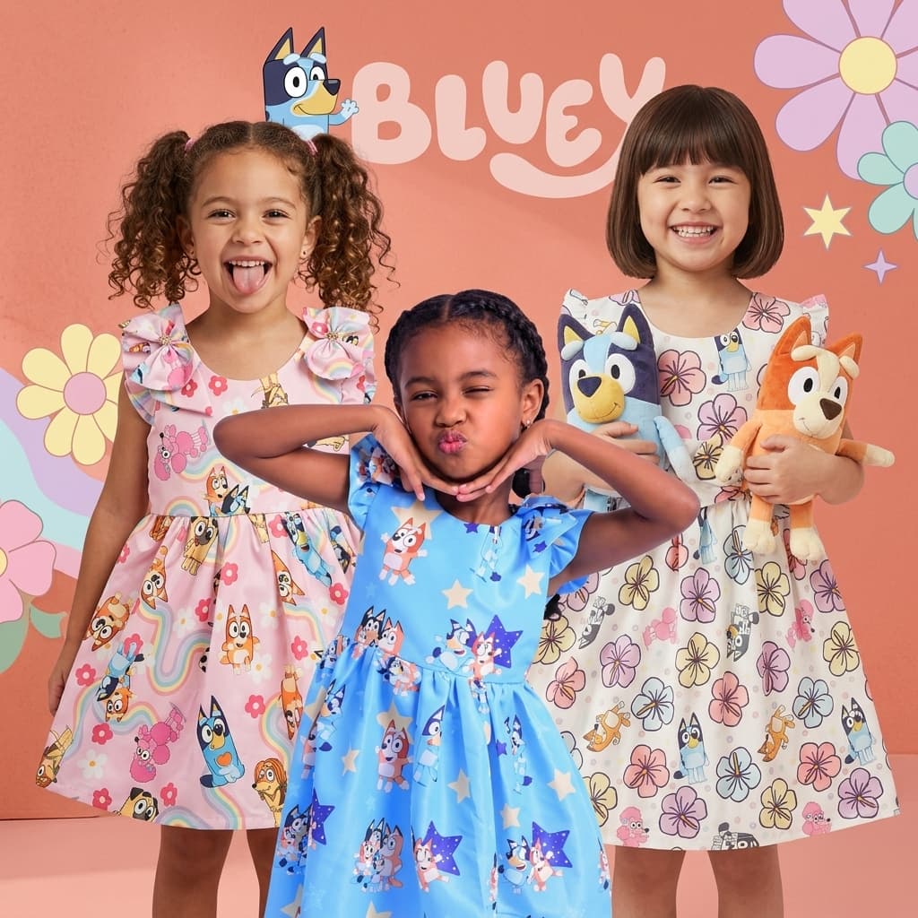 Vestido Infantil Menina Desenho Cachorrinho blue y Azul, floral e rosa Bingo e familia