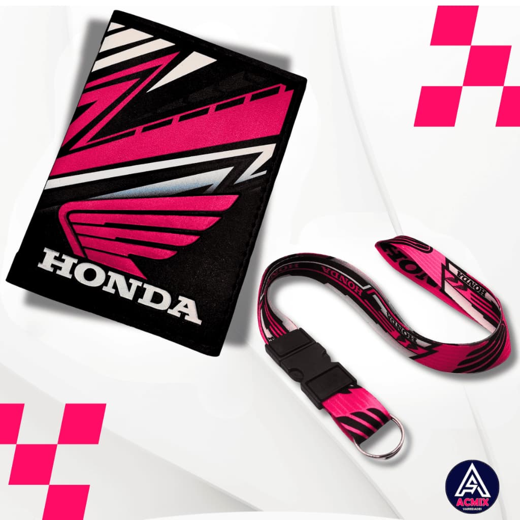 Kit Carteira Porta Documentos Moto Honda Pink e Branco + Cordão Pescoço Engate Rápido Honda Pink
