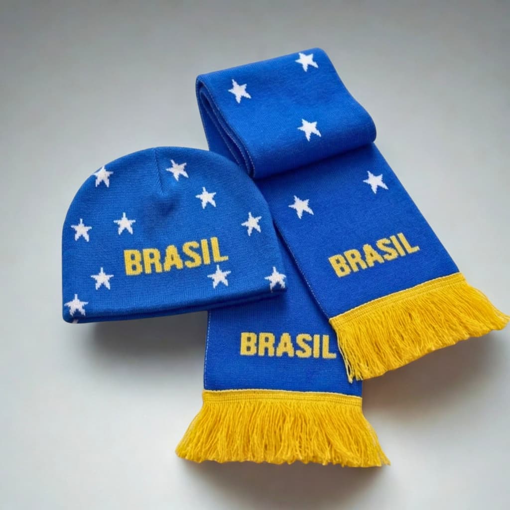 Kit Cachecol e Touca Brasil Azul com Estrelas – conjunto, inverno, quente, estiloso