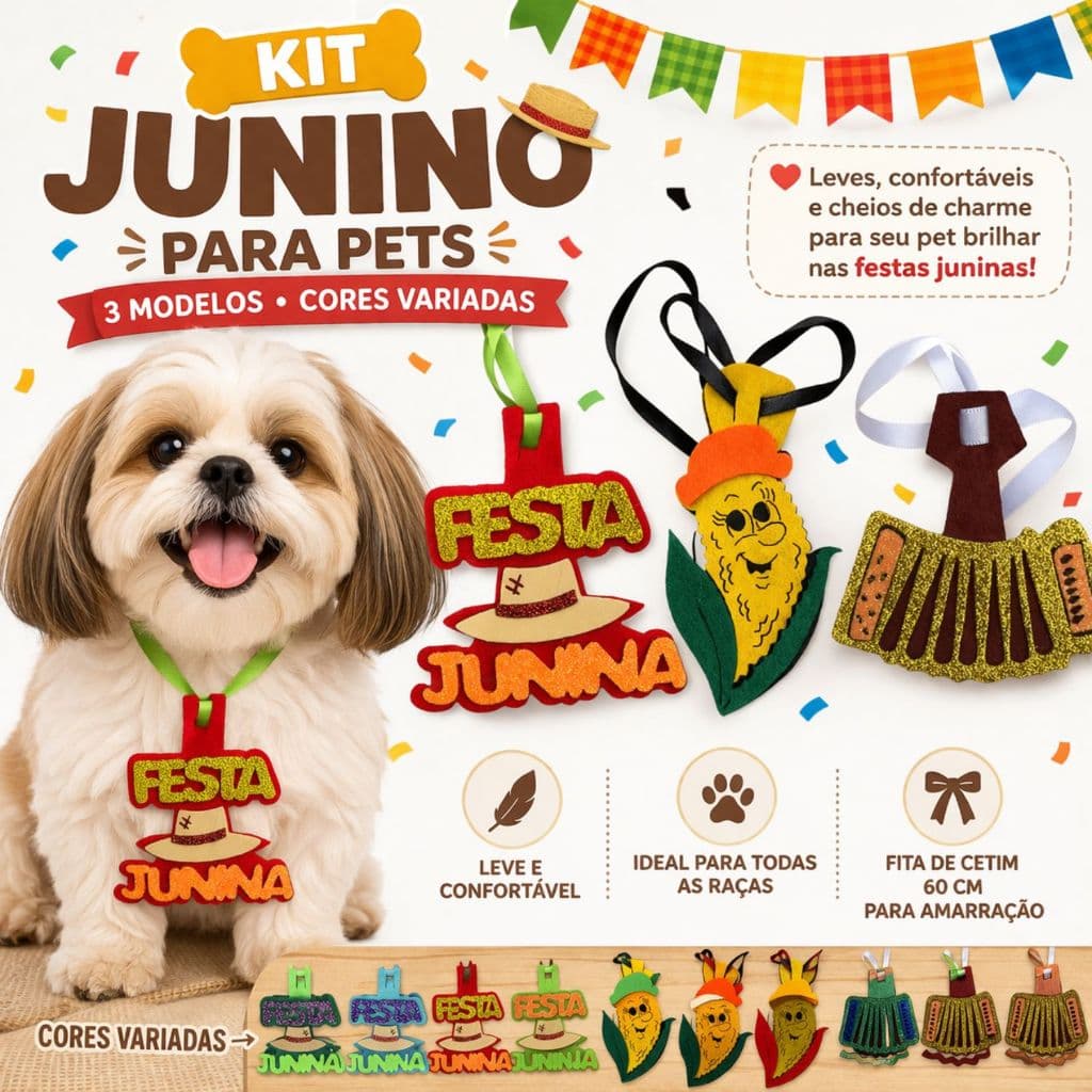 Kit Acessórios Pet Festa Junina Atacado GARGANTILHA PET QUADRILHA, Gravata Pet São João Banho e Tosa