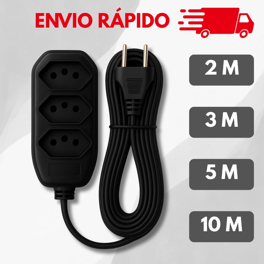Extensão elétrica de 2 3 5 10 metros bivolt 110v/220v preta 3 pinos 10A padrão brasileiro NBR 14136
