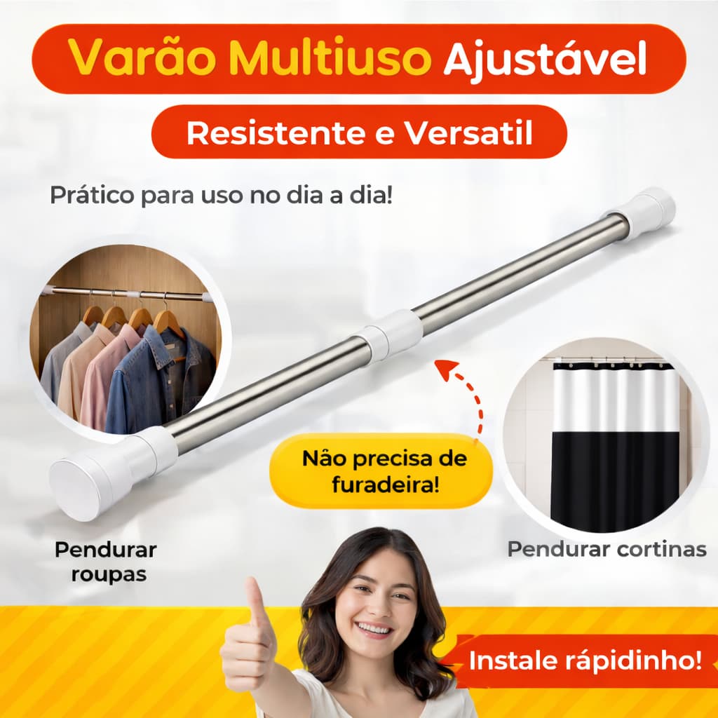 Bastão Tubo Varão Extensível Cortina Box Banheiro Provador Porta Universal Ajustável
