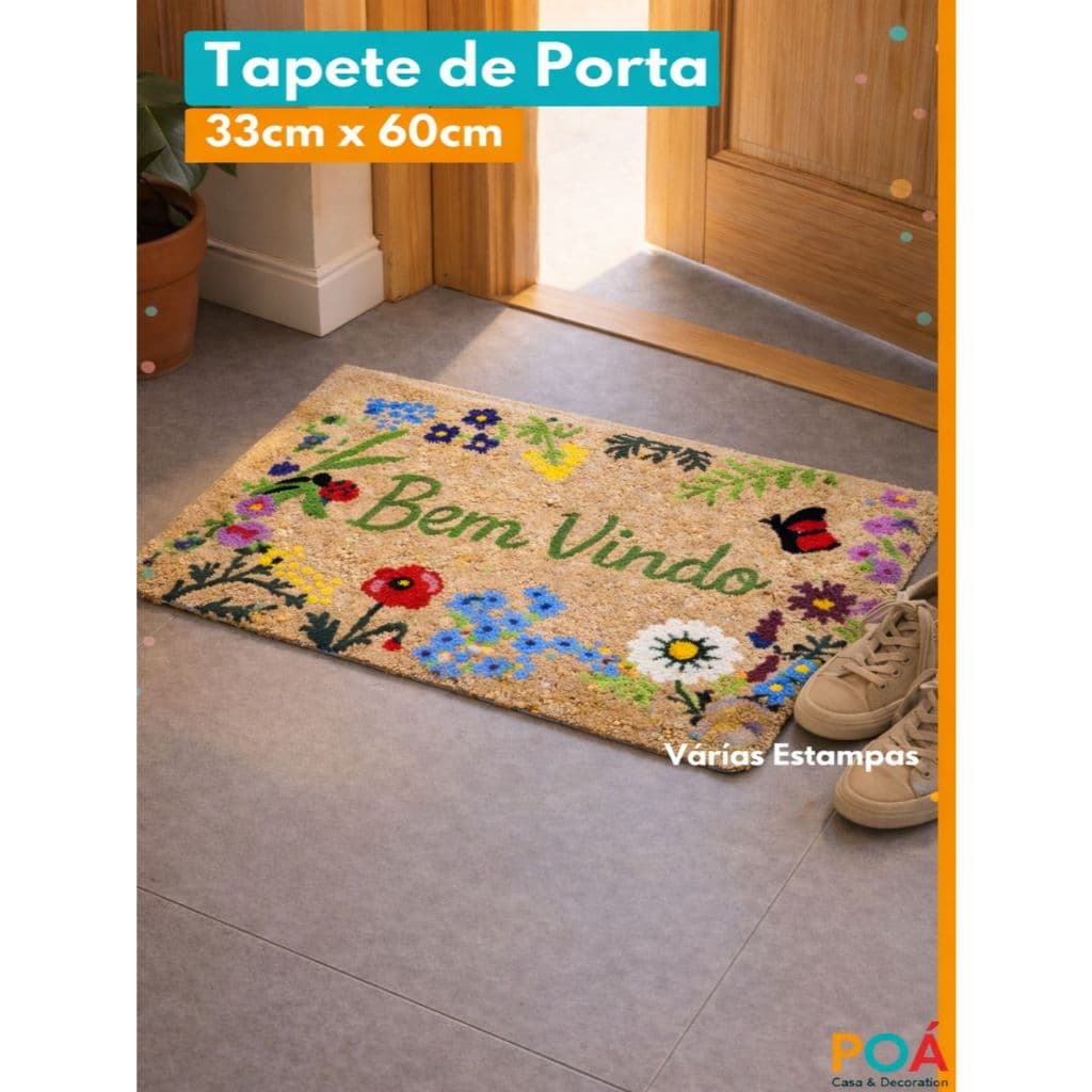 Tapete de Porta Fibra de Coco Antiderrapante Bem-Vindo 33cm x 66cm Resistente Lavável