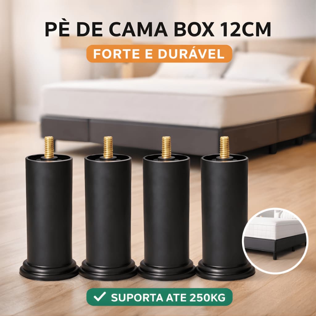 Kit 6 Pés Cama Box Universal 12cm Reforçado | Anti Balanço | Alta Durabilidade