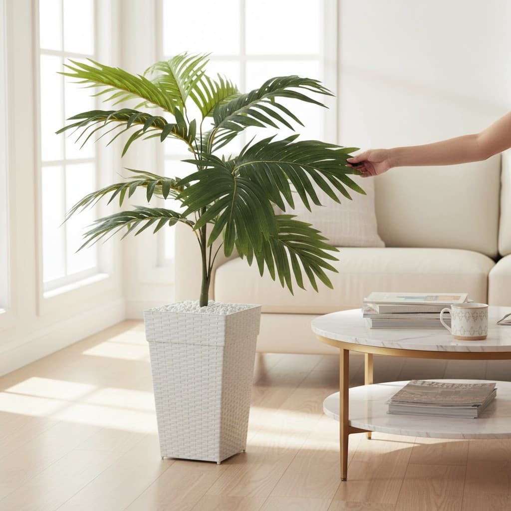 Planta Artificial Coqueiro Arranjo + Vaso Grande Rattan Decoração Enfeite Casa