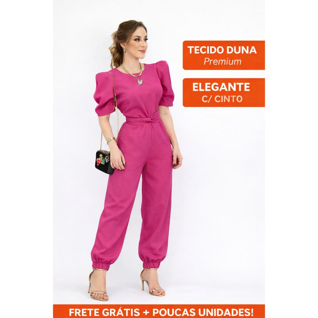 Macacão Feminino Longo Manga Princesa Bufante Duna Com Cinto Elegante