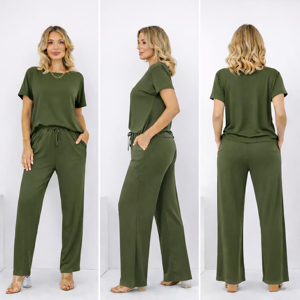 Conjunto Feminino Malha Viscolycra Blusa Canoa e Calça Reta