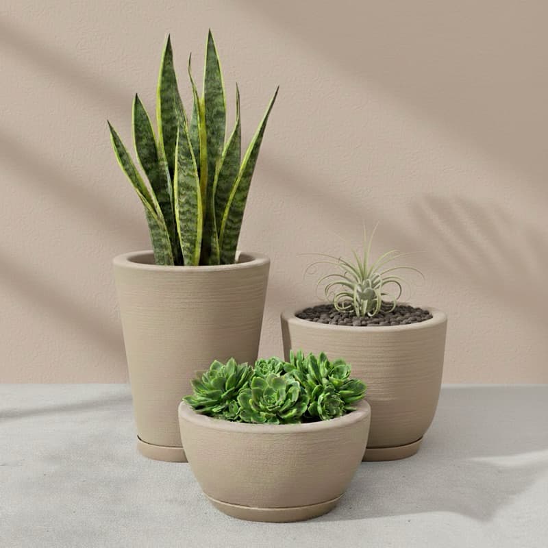Kit Com 3 Vasos Decorativo de Planta Escovado Polietileno Com Prato Cone + Bojo + Bacia