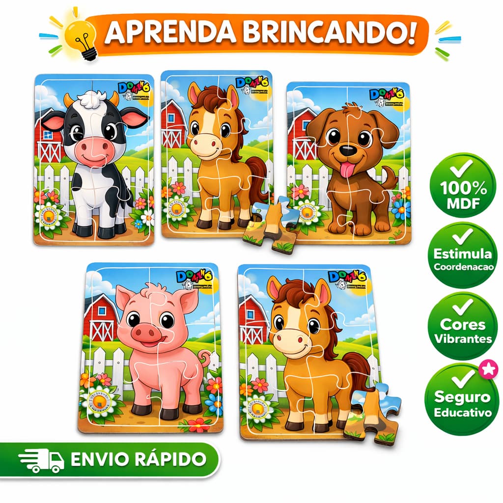 Kit 4 Quebra Cabeça em Mdf 6 Peças Jogos para meninos e meninas Infantil Lúdico Educativo Fazenda Fazendinha animais