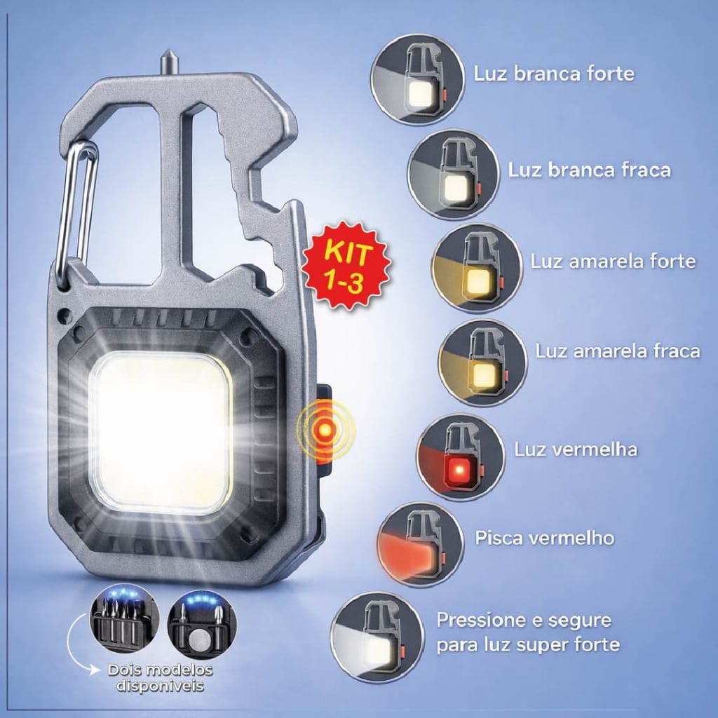 Mini Lanterna Refletor 7 em 1 com Ferramentas Recarregável Aleatória Abridor de Lata e Chaveiro