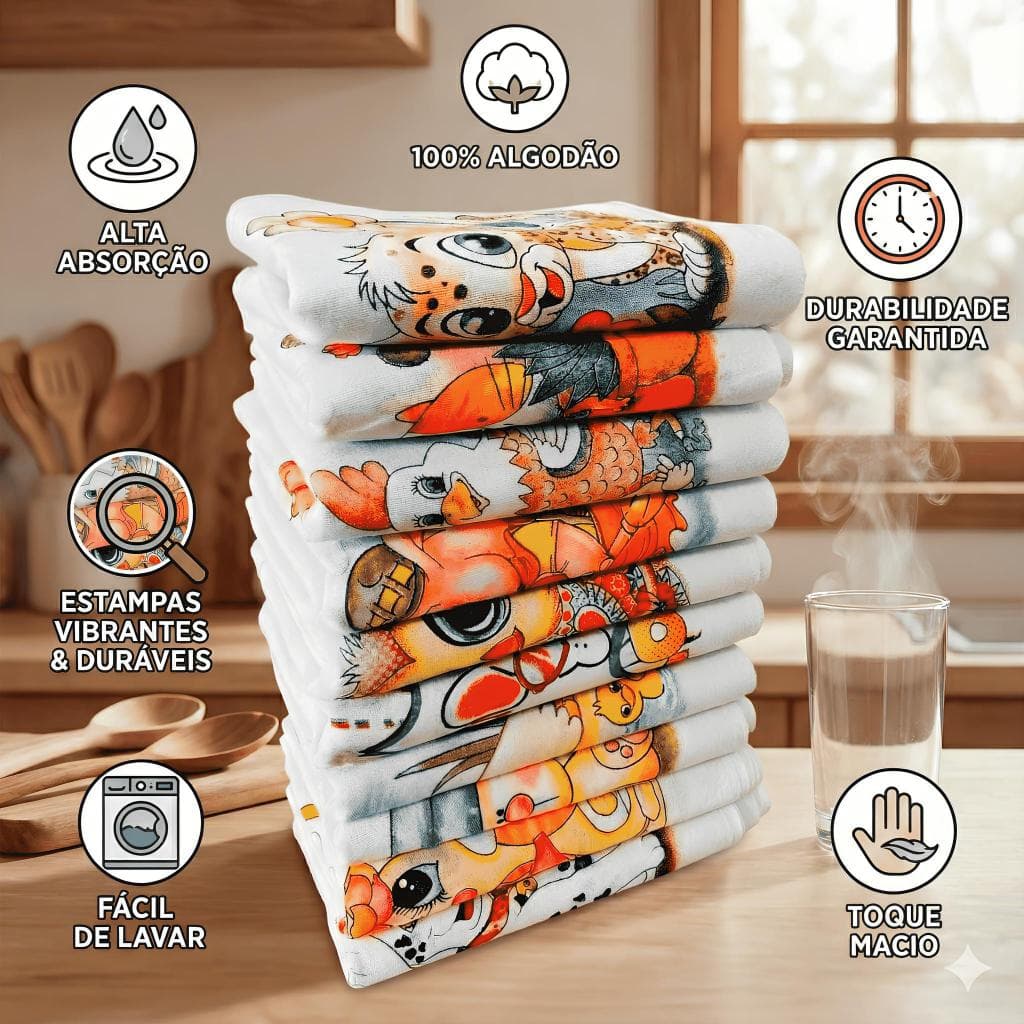 Kit 10 Pano De Prato Cozinha Estampado 100% Algodão com Bainha 10 unidades pano estampado Decoração