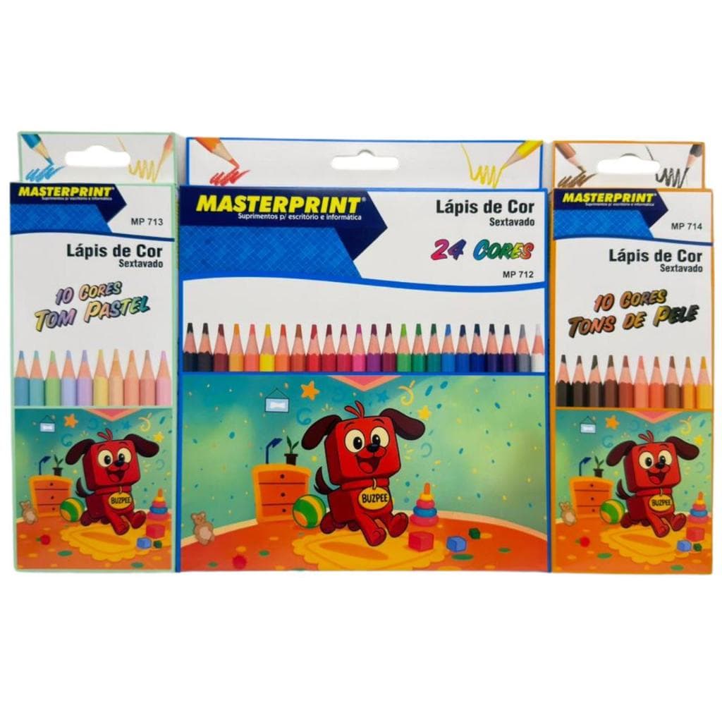 Kit 44 Lápis de Cor ( 24 CORES + 10 Cores Tom Pastel +10 Cores Tons de Pele ) Escolar Sextavado