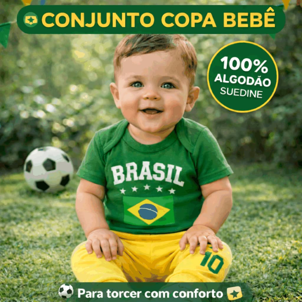 Conjunto Bebê Brasil Copa do Mundo 100% Algodão Suedine Body + Calça Verde Amarelo