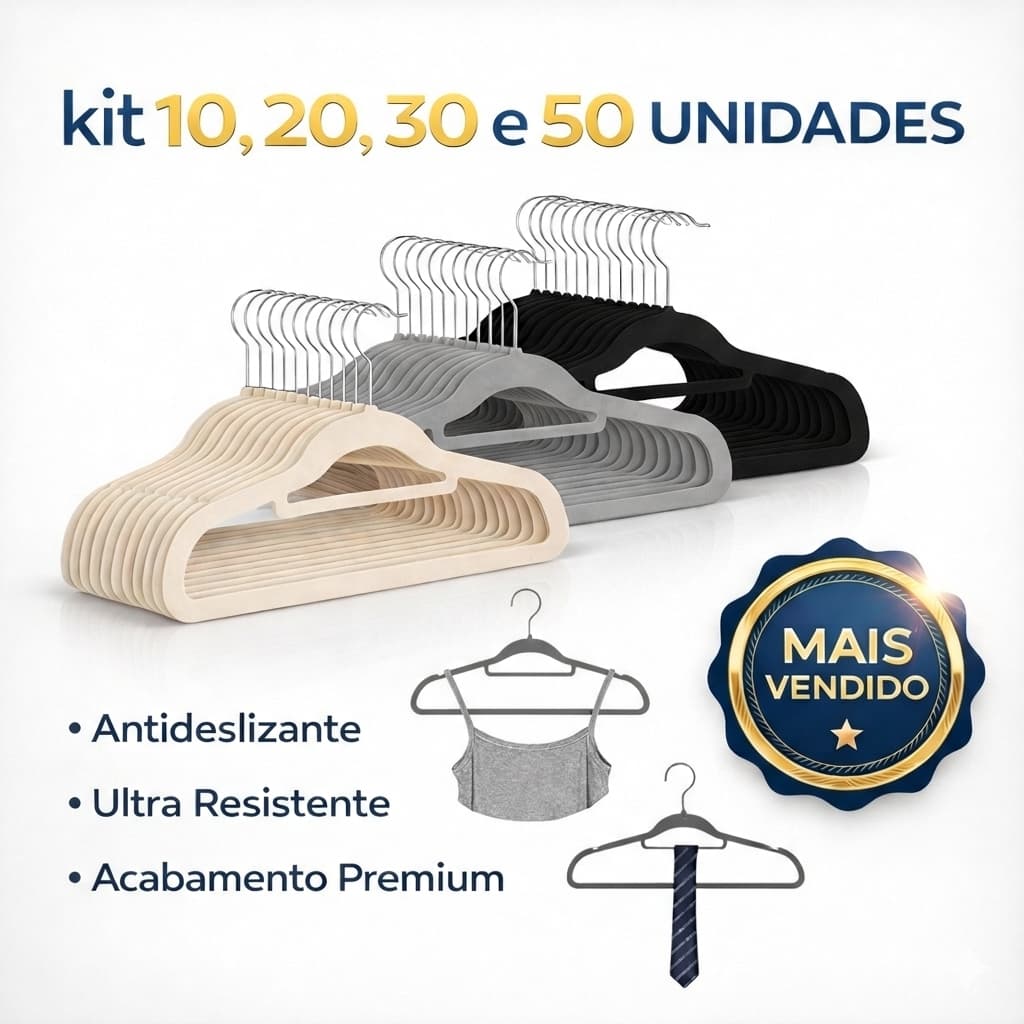 Vittak Kit Cabides de Veludo Slim Adulto Antideslizante e Resistente – Organizador | 10, 20, 30 ou 50 Unidades
