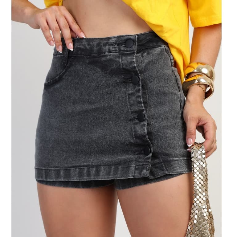 SHORT SAIA JEANS FEMININO COM LICRA CINTURA ALTA BOTÃO LATERAL EM ALTA MODA BLOGUEIRA TENDENCIA