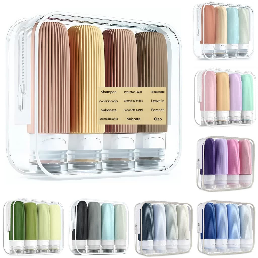 Kit Frascos Potes Viagem Silicone 90ml Condicionador Shampoo Creme Cosméticos 4 peças