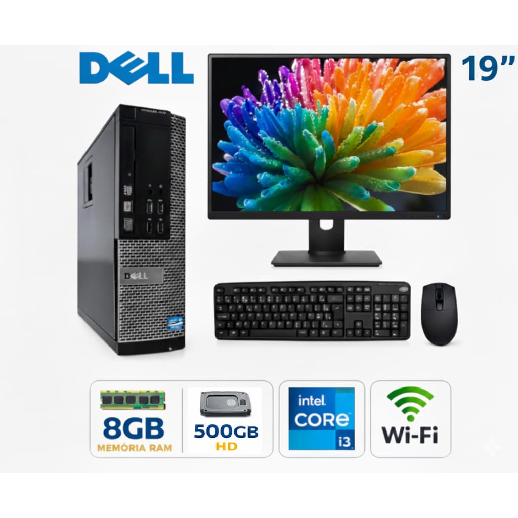 Computador Completo Dell 7020 Slim 8gb Ddr3 Hd 500gb Wifi Mouse Teclado Monitor 19" Barato