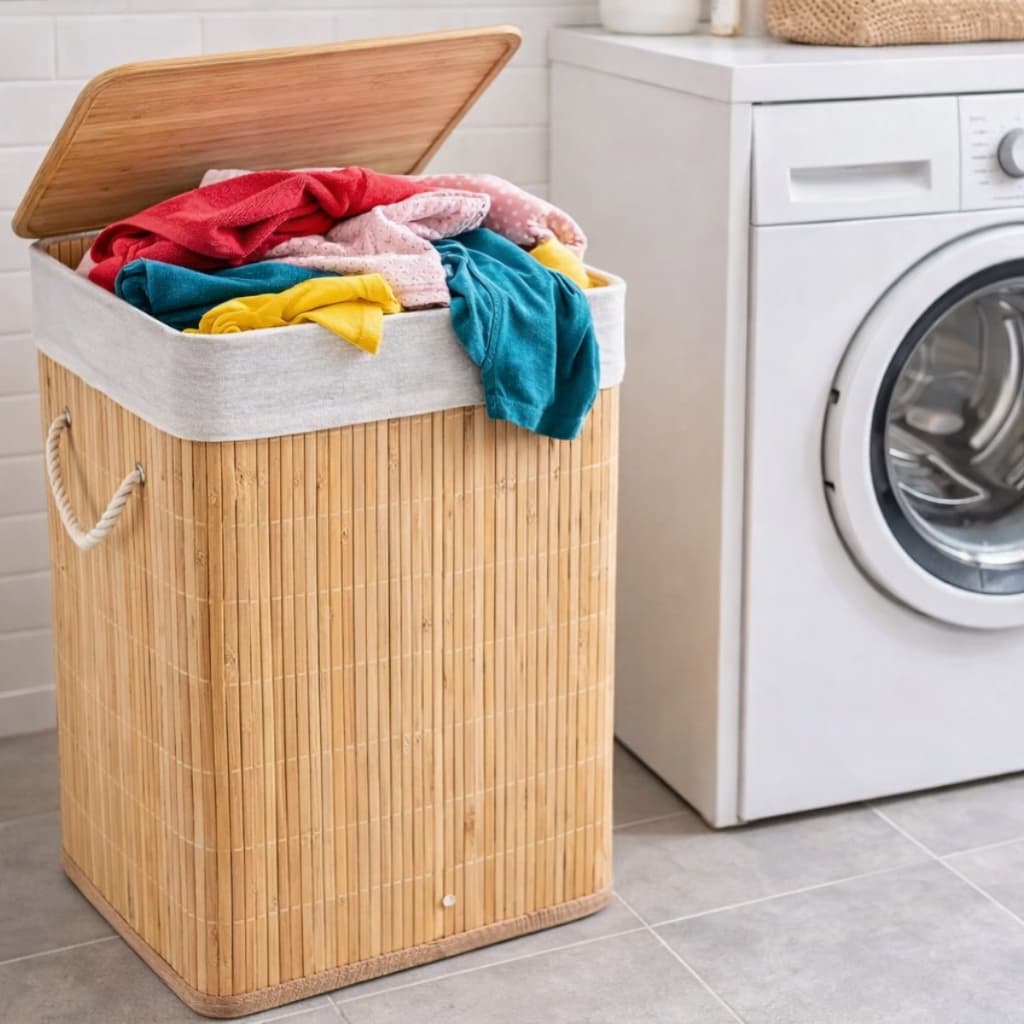 Cesto De Roupas Bambu 70L Baú Retangular Bamboo Organizador