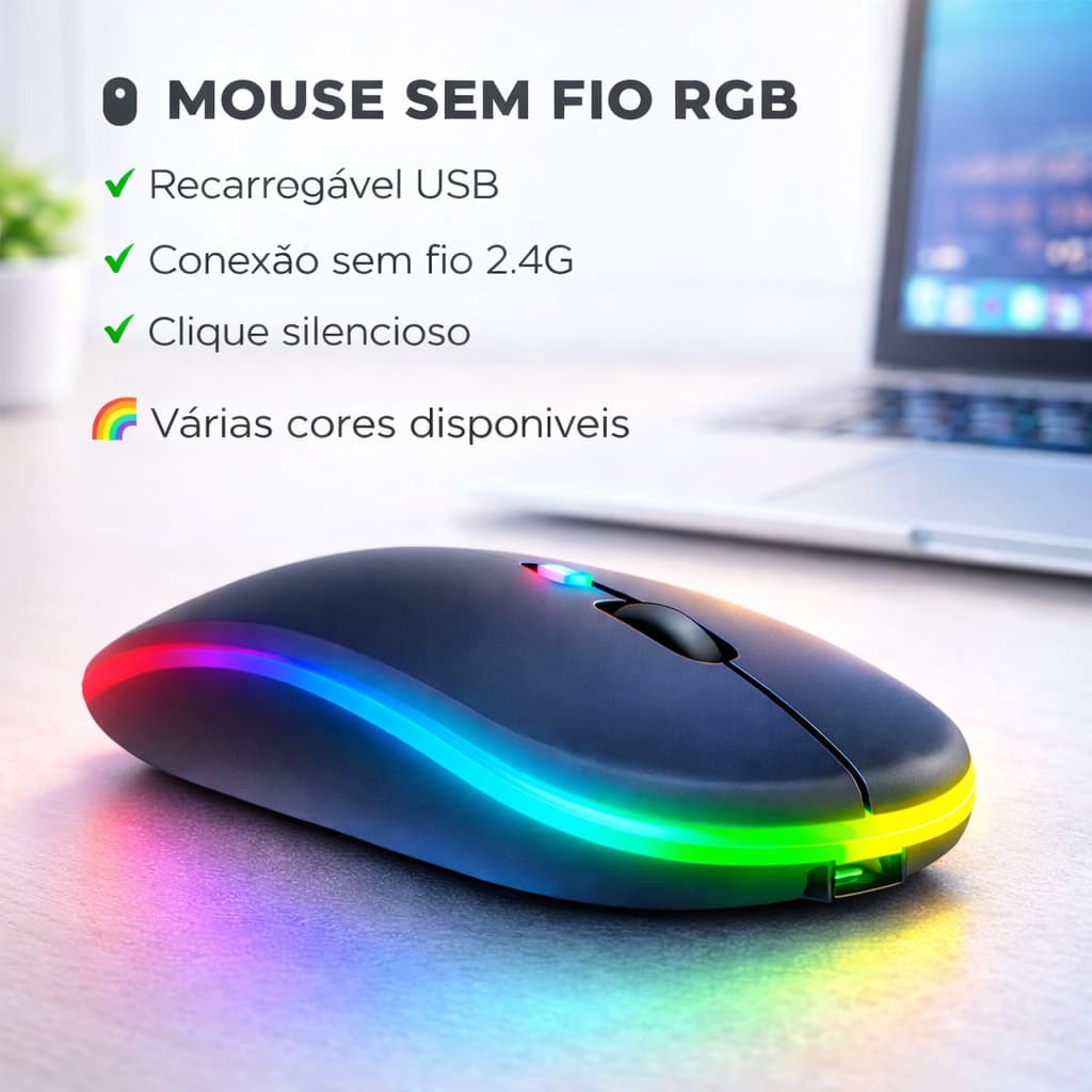 Mouse LED RGB Recarregável Sem Fio Clique Silencioso 2.4 Ghz  Design Ergonômico Jogadores Escritório