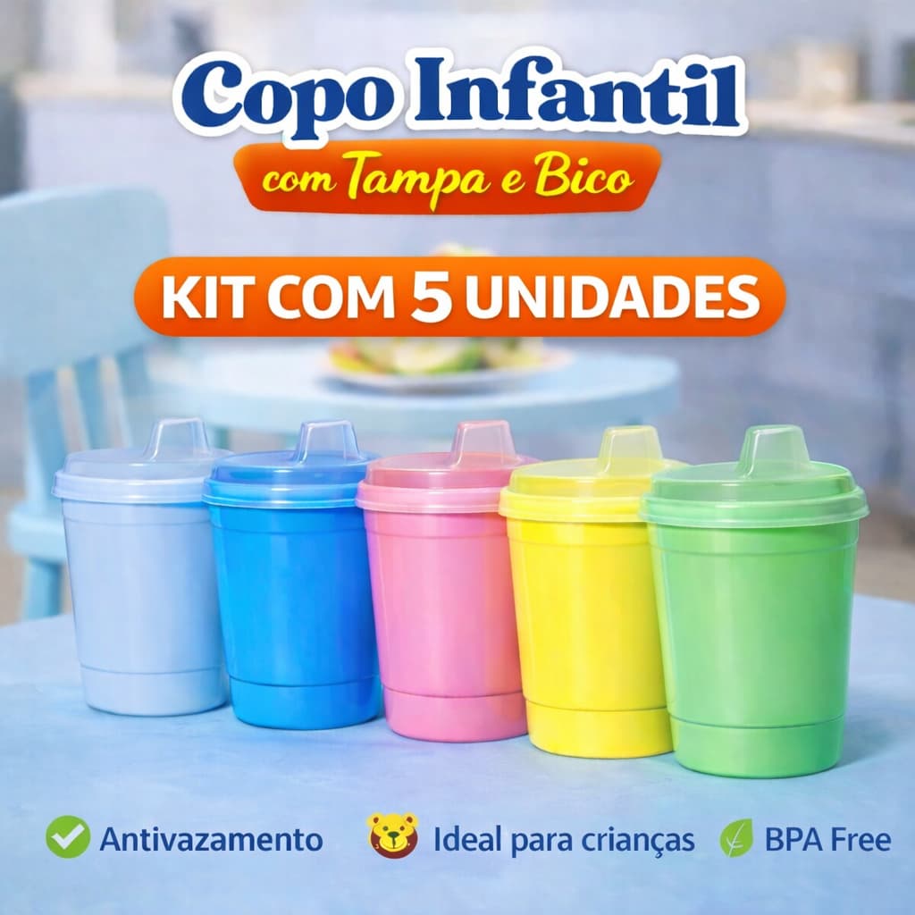 Kit 5 Copos Infantil Antivazamento 250ml com Tampa e Bico | Ideal para Bebê, Creche e Escola