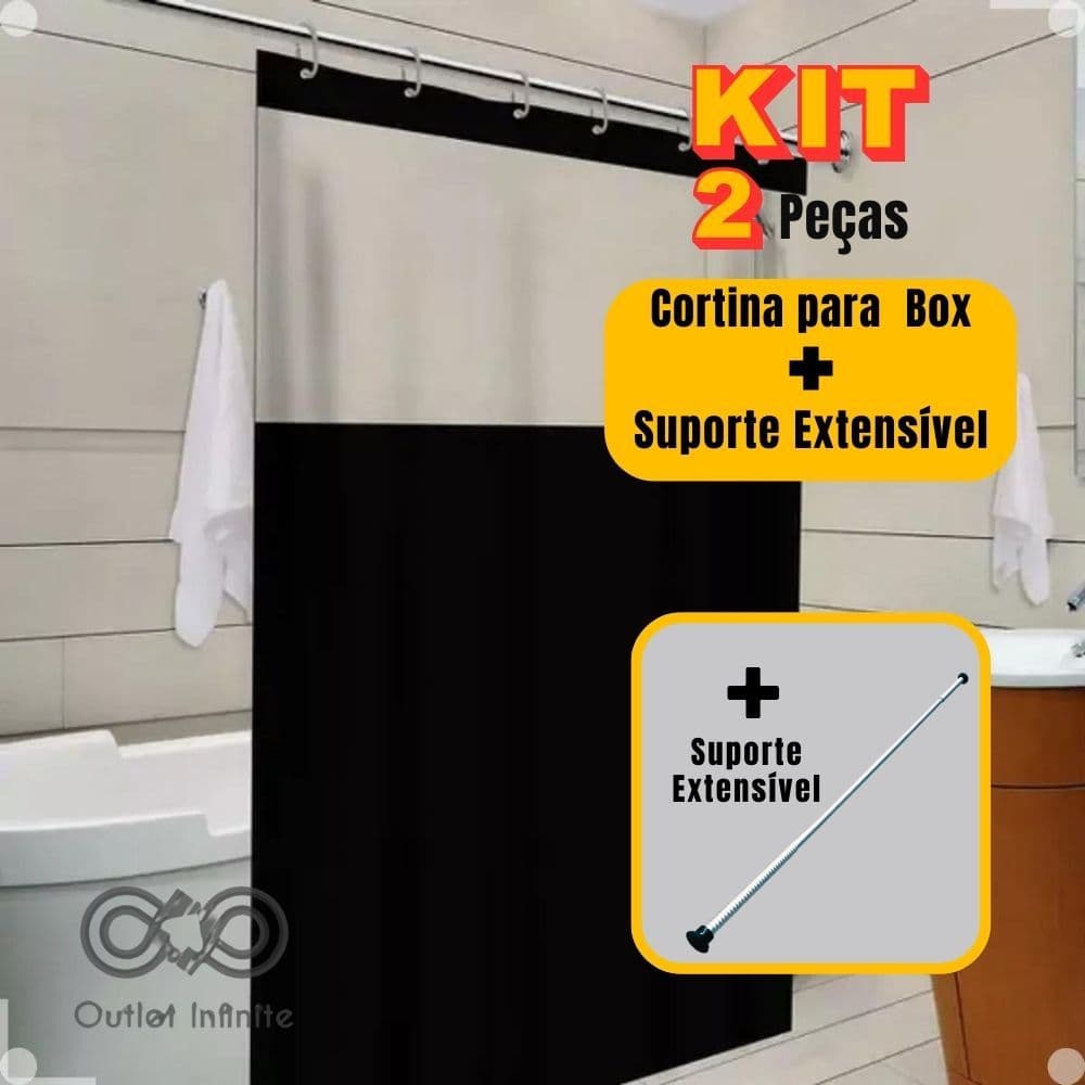 Cortina Box Banheiro Com Visor Lisa Antimofo C/ Ganchos + Suporte de Cortina