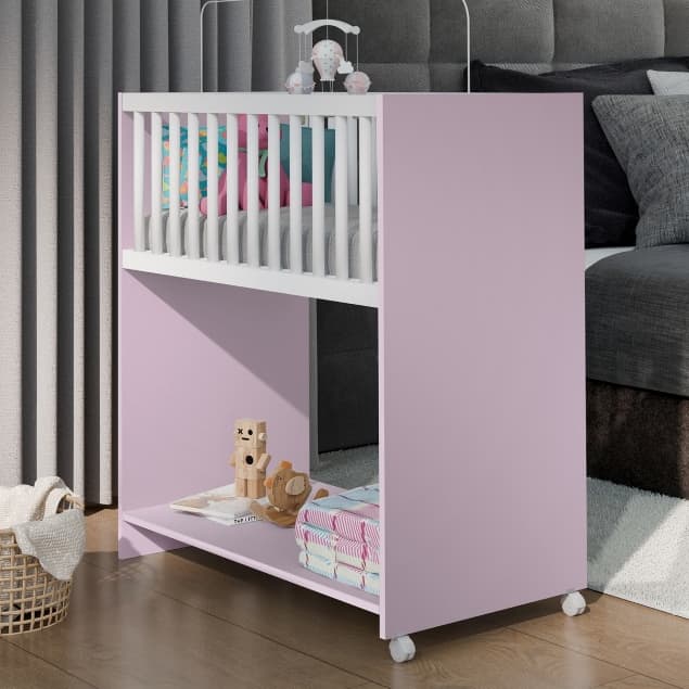 Mini Berço Cama Baby Com Colchão Quarto Infantil 2 em 1 Branco / Rosa / Nature
