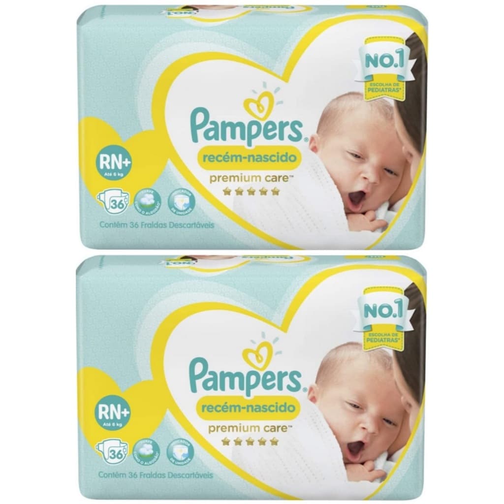 Kit 2ptes Fraldas Pampers RN+ Premium Care 36un até 6kg - Total 72 unidades