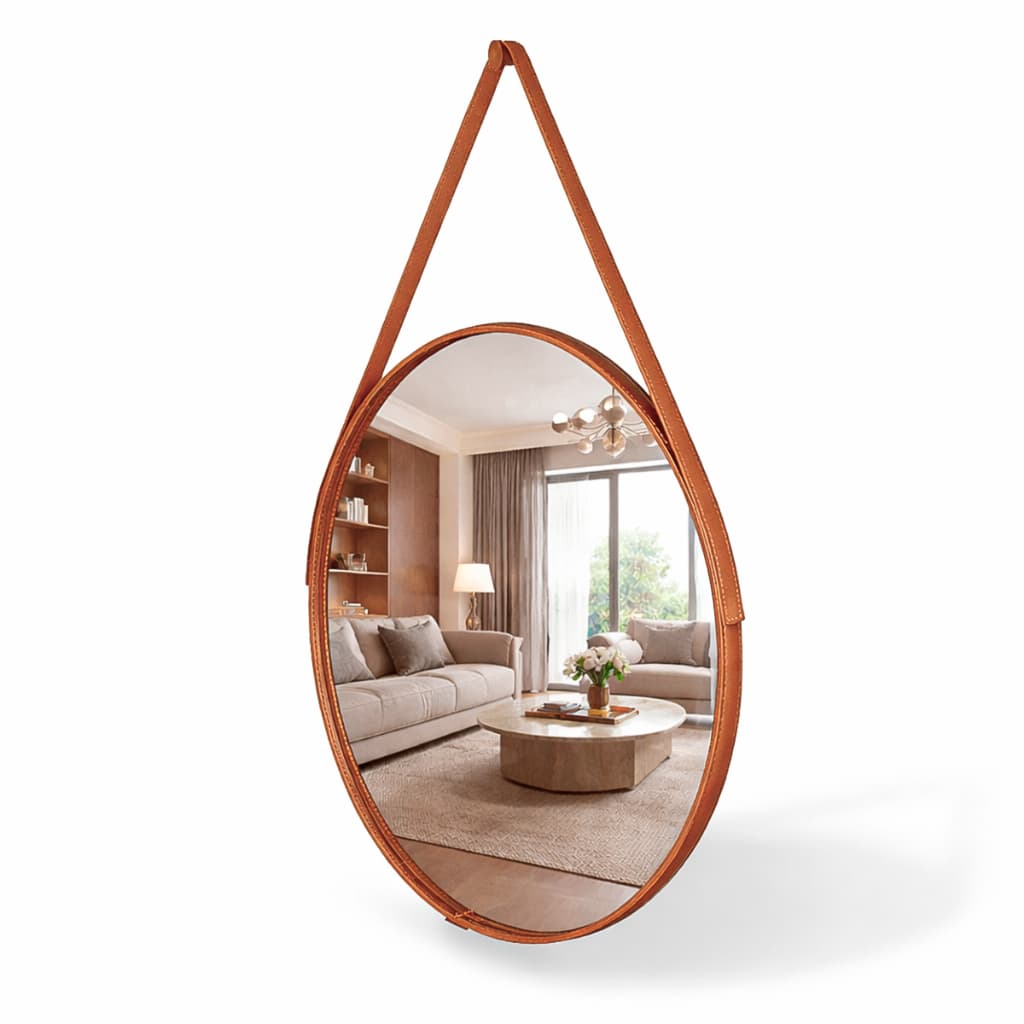Espelho Adnet com Alça e Suporte Couro Costurado Redondo 60cm 50cm 40cm 30cm Sala Banheiro Quarto