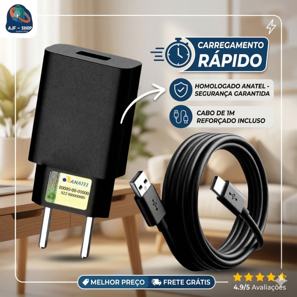 Carregador 50W Turbo Tipo C Para Celular Android Fonte e Cabo USB-C Resistente