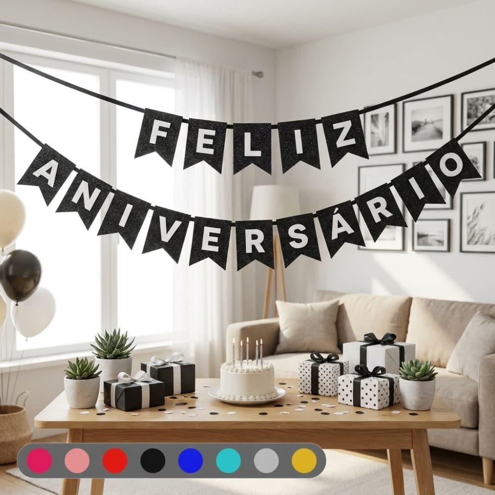 Bandeirola Feliz Aniversário Luxo com Glitter e Feltro Várias Cores Decoração Festa Minimalista