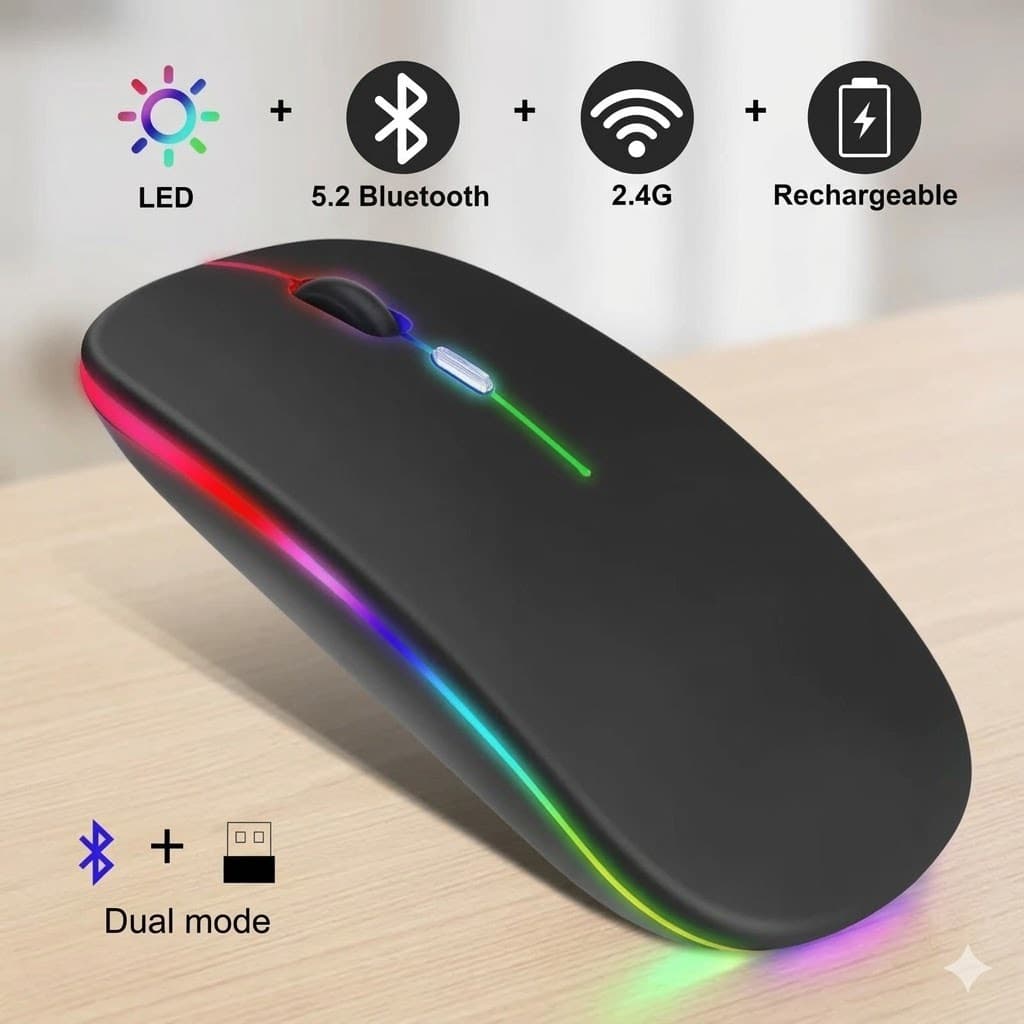 Mouse Sem Fio Wireless Recarregável Led RGB 2,4GHz Bluetooth 5.0 Bateria Interna