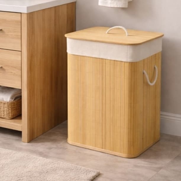 Cesto Bambu Grande Organizador Retangular Para Roupas Cor Retangular_bege