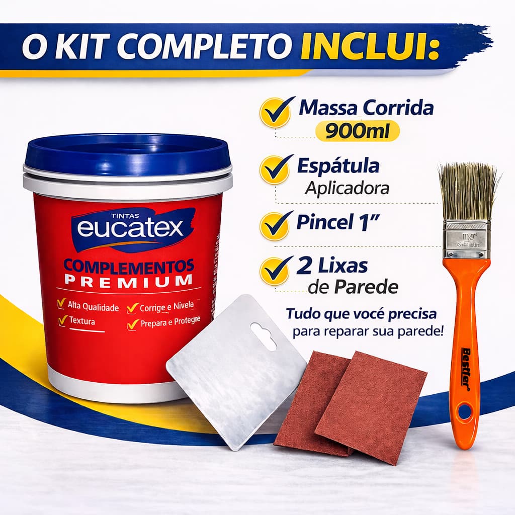 Kit Reparo de Parede Massa Corrida + Espátula + Lixas Opção Com ou Sem Pincel