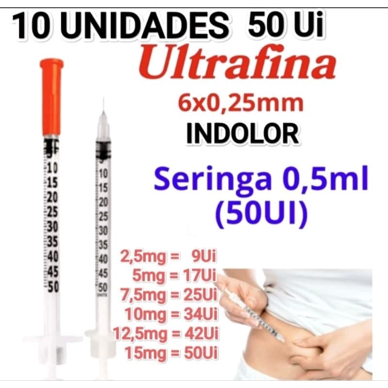 Seringa de Insulina 50ui Agulha Fixa 6x0,25mm 0,5ml KIT COM 10 UNIDADES - full