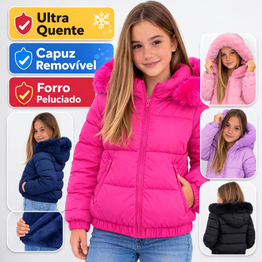 Jaqueta Cropped Puffer Infantil Juvenil Peluciada Impermeável Capuz Removível Blusa de Frio 8 ao 18
