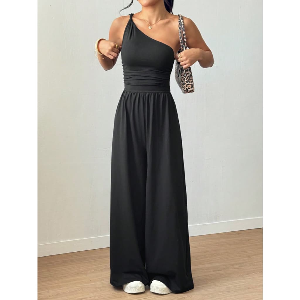 Macacão Casual Feminino para Uso Externo com Pregas Torcidas, Perna Reta Solta Primavera/Verão