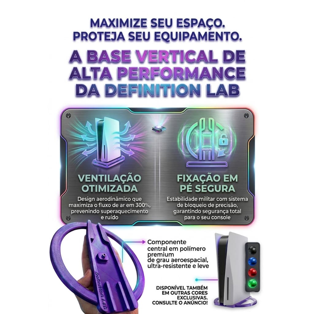 Base Vertical para PS5 Slim da Definition Lab - Console, Ventilação, Estabilidade e Qualidade.