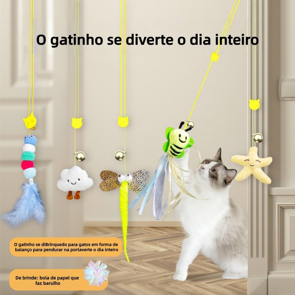 Brinquedo Gato – Lagarta com Pena, Sino e Corda. Pendure na Porta ou Teto. Divertido e Antiestresse