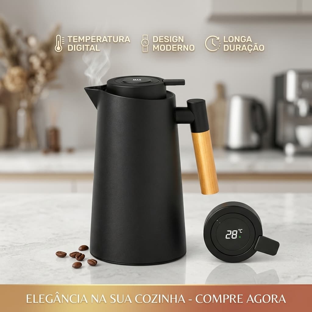 Vittak Garrafa Térmica 1L com Termômetro Digital LED Sistema Click Isolamento a Vácuo Preta