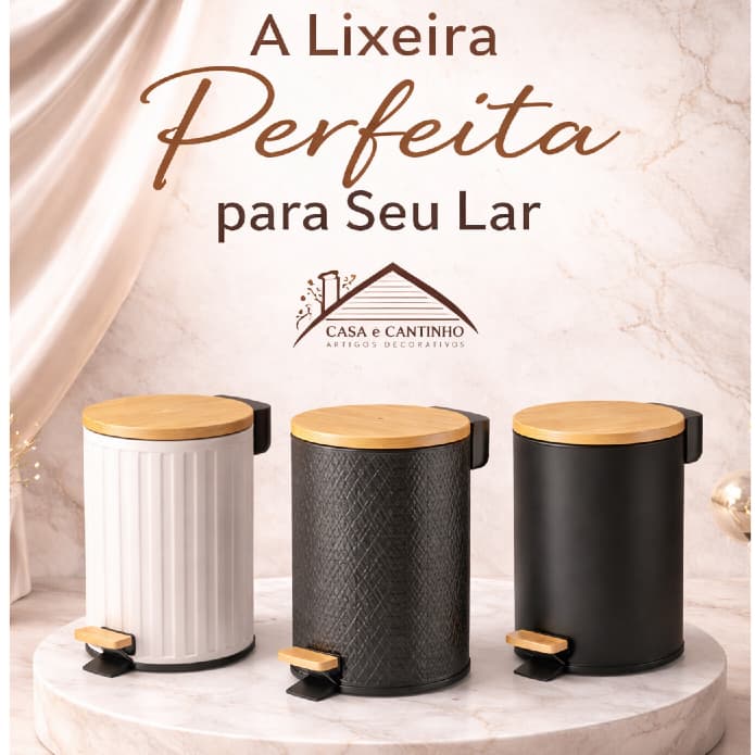 Lixeira Decorativa 5L com Tampa Bambu Para Banheiro Cozinha Escritório Estilo Moderno