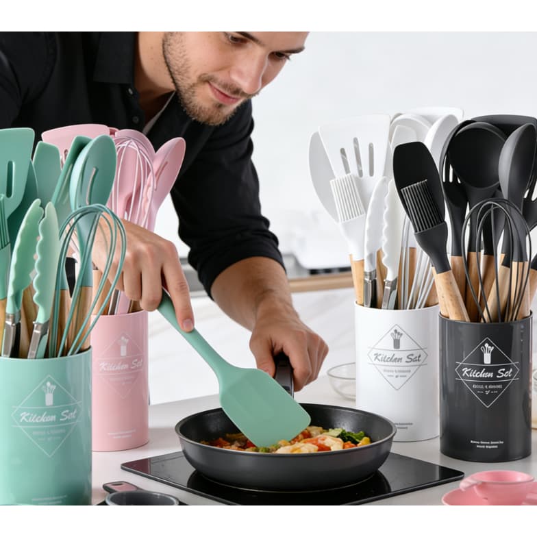 Kit 12 Utensílios de Cozinha em Silicone e Bambu