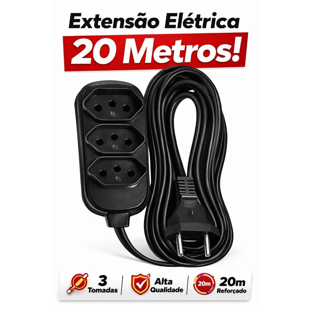 Extensão Eletrica de 20 Metros PP 2x1,0 com 3 Tomada Bivolt