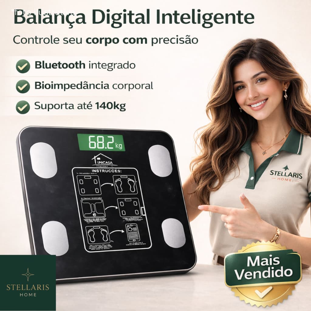 Balança Digital Bioimpedância Peso Corporal 140kg Inteligente Bluetooth Alta Precisão UNICASA